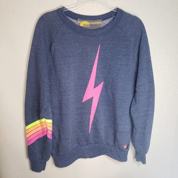 Aviator Nation Small Crewneck Blue Sweatshirt Pink Bolt Neon Preloved Good - Picture 1 of 5